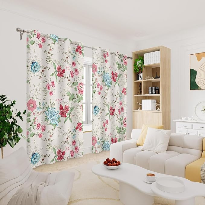 Renaiss Boho Flower Blackout Curtains Wild Blue Pink Floral Thermal Insulated Window Drapes for Bedroom 53W x 63L inches 2 Panel Set Beige Window Curtain Panels for Kitchen