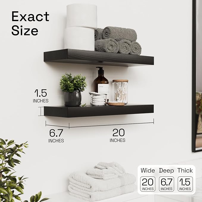 Solid Wood Floating Shelves for Wall 20 Inch Black, Wooden Bathroom Shelf | Real Wood, Heavy-Duty, Wall Mounted, Bedroom Kitchen Living Room, Rustic, Black Finish, 20W x 6.7D, Set of 2
