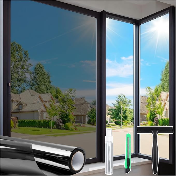 Homein One Way Privacy Window Film with Tool Window Tint for Home Heat Control Sun Blocking Anti UV Mirror Reflective Covering See Out Not in Static Cling No Glue Black-Sliver 23.6" x 78.7"