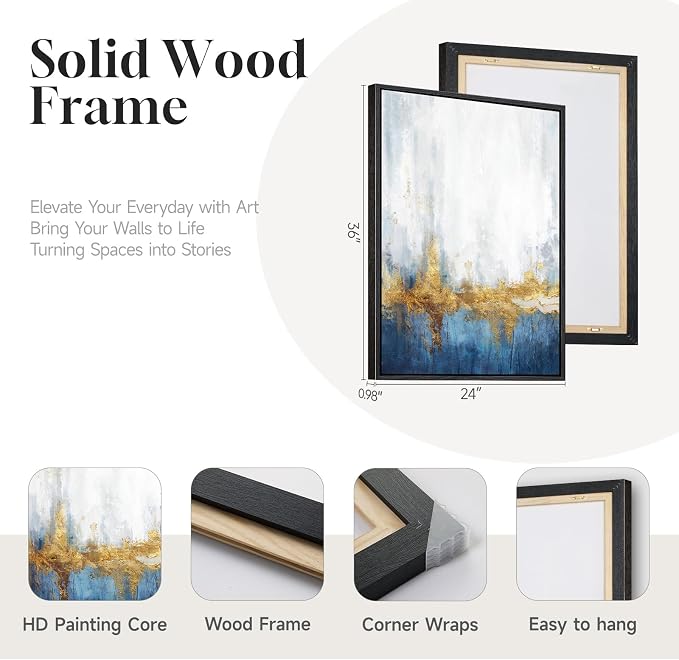 Framed Blue and White Abstract Wall Art for Living Room, Set of 2 Large Gold Modern Luxury Canvas Artwork for Walls, Contemporary Minimalist Painting Print Wall Decor for Bedroom Office, 24x36 Inch