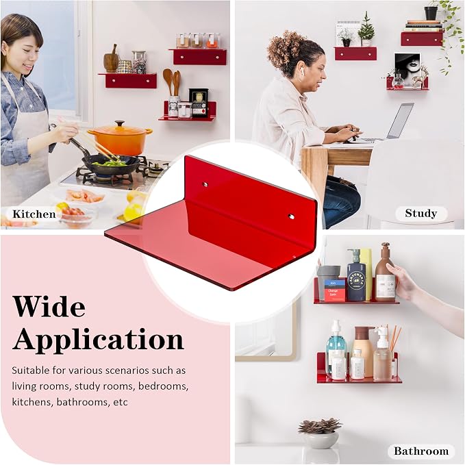 Sezanrpt 6 Inches Acrylic Small Wall Shelves, Red Floating Shelf for Wall Mounting, Acrylic Display Ledges for Funko Pop Figures, Home Décor, Living Room, Gaming Room, Plants, 2 Pack