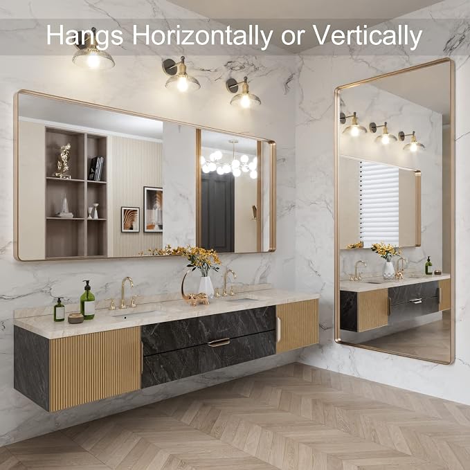 LOAAO 72”X32” Gold Bathroom Mirror, Rounded Rectangle Gold Frame Mirror, Brushed Gold Bathroom Vanity Mirror Wall-Mounted, Anti-Rust, Tempered Glass, Hangs Horizontally or Vertically