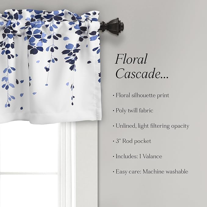 Lush Decor Weeping Flower Room Darkening Valance Curtain 52" W x 18" L + 2" Header White & Navy - Valances for Windows - Floral Kitchen Curtains