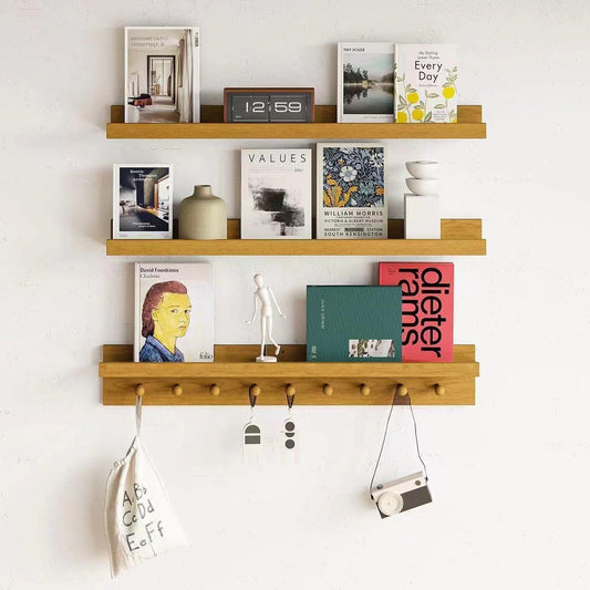 MBYD Floating Shelves 36 Inch, Nursery Book Shelves for Kids Room, Hanging Bookshelf with Hooks Set of 3, Light Walnut Wood Picture Ldge Shelving, Kitchen Wall Shelf Spice Rack for Bedroom Bathroom