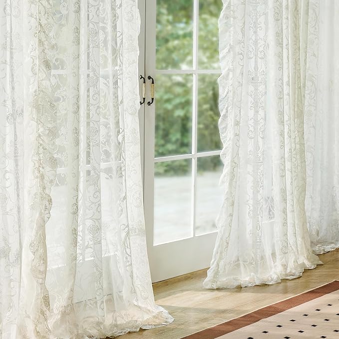 TUDECO Cream Lace Curtains 80 Inch Length, Floral Sheer Vintage Bedroom Decor, Ruffle Curtains 2 Panels, Light Filtering&Privacy, Rod Pocket Cute Decor for Living Room, 59W x 80L Inch