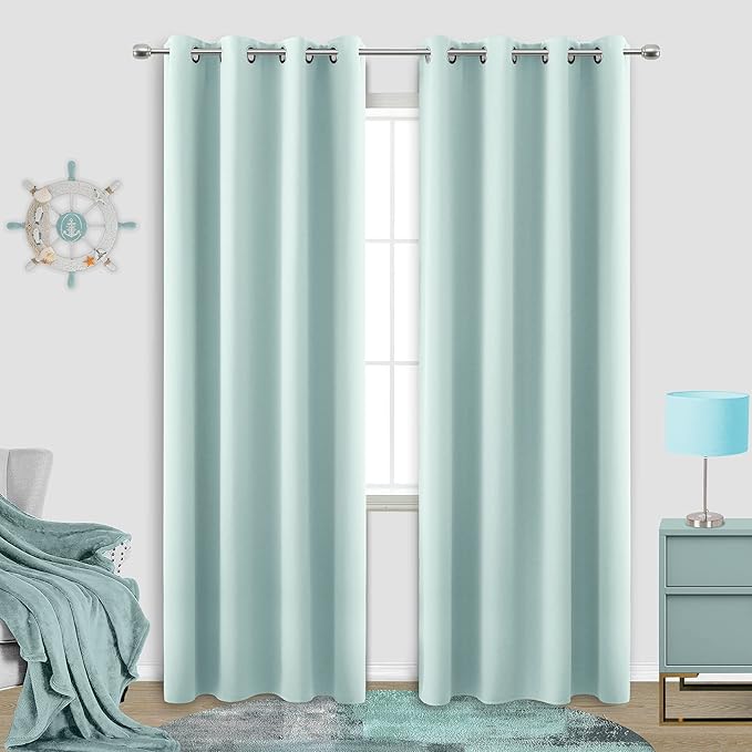KOUFALL Aqua Blackout Curtains for Beach Room Decor,Ocean Themed Summer Coastal Curtains for Living Room Bedroom Window,84 Inch Length 2 Panels Grommet.