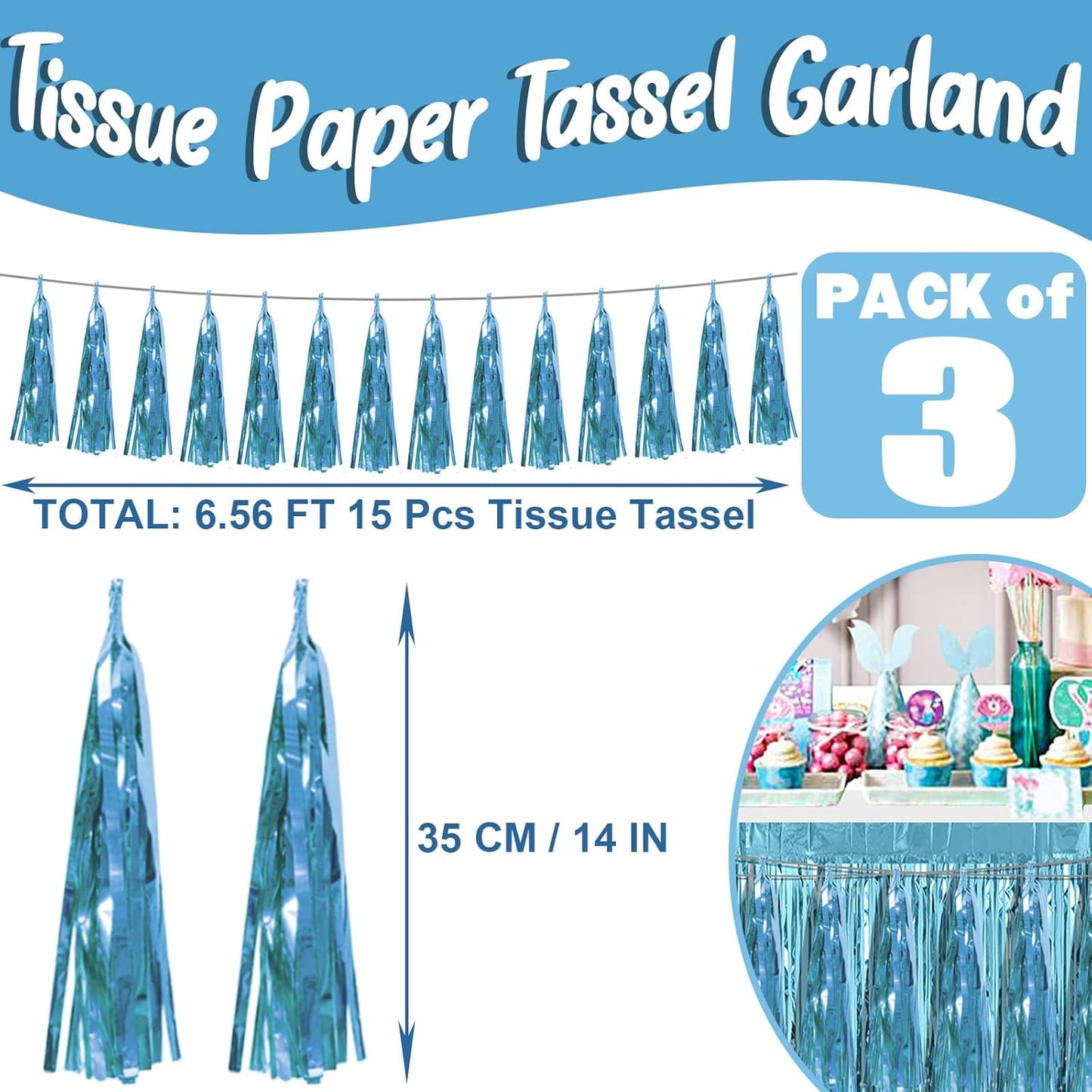 3P Light Blue Foil Fringe Metallic Tassel Streamers Banner Tassel Garland for Parade Floats, Bachelorette, Wedding, Birthday, Halloween, Christmas, Bridal/Baby Shower Party Decorations