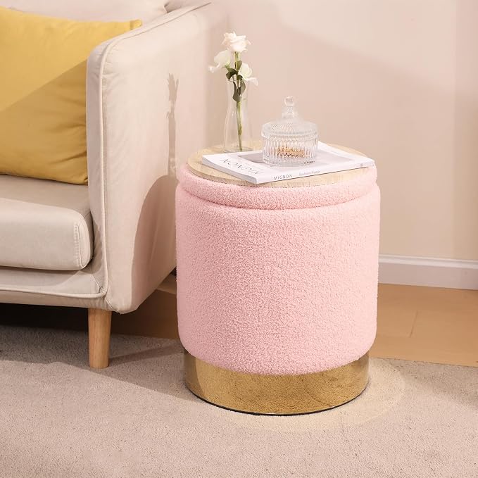 Round Ottoman with Storage Set of 2 Vanity Stool Small Ottoman Coffee Table, Foot Stool, Removable Lid, Vanity Chair for Living Room, Bedroom, Hallway, Assembly Free (Pink)