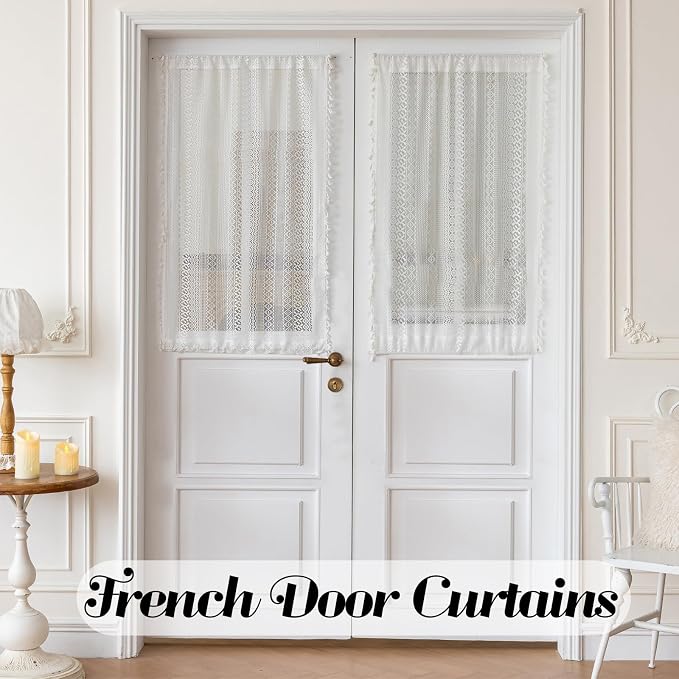Sutuo Home White French Door Curtain for Patio & Sidelights, Ivory lace Door Curtains Bohemian Tassels Vintage Chic Semi Sheer Privacy Farmhouse Drapes for Entryway, Rod Pocket 2 Panels 25" W x 40" L