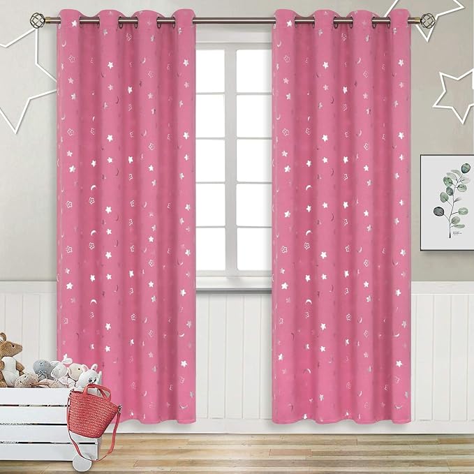 BGment Blackout Curtains for Nursery, Room Darkening Thermal Insulated Window Curtains for Kids Room, Noise Cancelling Heat Insulation Star and Moon Curtains for Bedroom, 2 Panels, Pink, 52 x 72 Inch