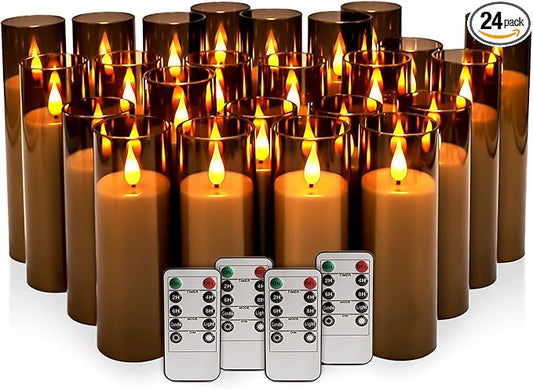 24 Pack LED Gray Flameless Candles with Remote, 3D Flickering Battery Operated Candles in Glass Holders, Safe for Weddings, Parties, Home and Outdoor Decor.