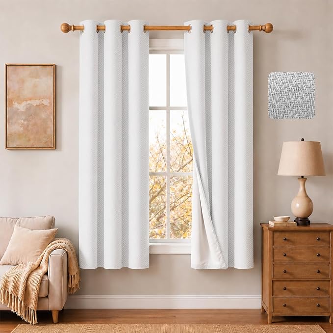 2 Panels 100% Blackout Linen-Textured Curtains, Thick Thermal Insulated Grommet Drapes with Subtle Herringbone Weave, Luxury Decor for Bedroom/Living Room, 37 x 72 Inches, Off-White