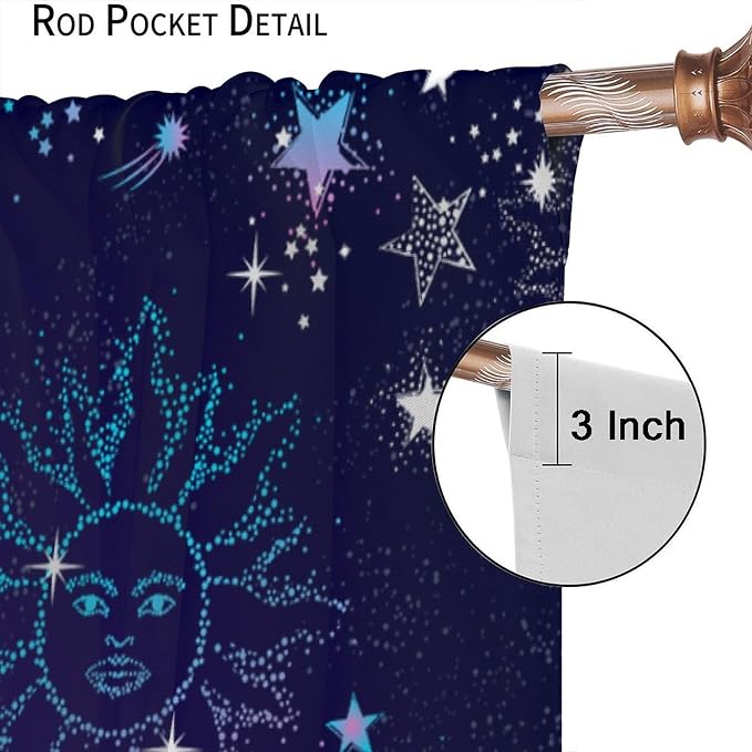 Sun Moon Stars Blackout Window Curtains, Space Galaxy Pattern Print Window Treatment Drapes for Bedroom Living Room 72" W X 63" L