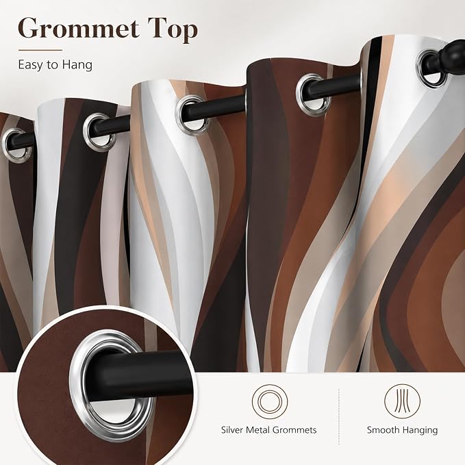 Brown Abstract Blackout Curtain, Stripe Black White Gray Aesthetic Art Window Curtains Living Room Bedroom Decor Darkening Window Drapes Treatments, 2 Panels 52x96 Inch