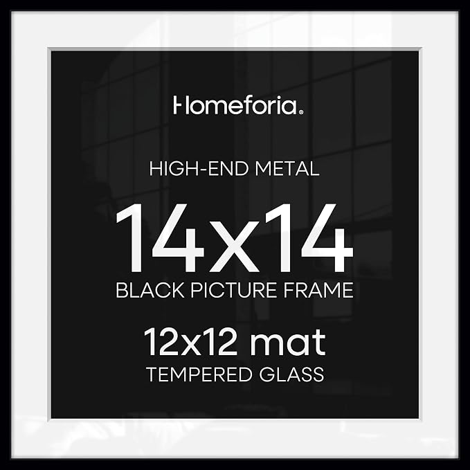 Homeforia 14x14 Picture Frame Black, High End Metal 14 x 14 Square Poster Frames with Mat 12 x 12 Photo, 14x14 Black Frame Matted to 12x12 Print, 14by14 Thin Frames, Tempered Glass, Wall Kit, Set of 3