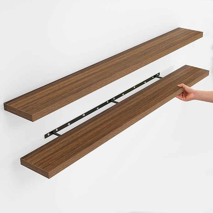 Fun Memories Floating Shelves for Wall, 72 Inch Long Set of 2 Rustic Wood Wall Shelves with Invisible Brackets, Heavy Duty Storage Display for Living Room Bedroom Kitchen, Walnut