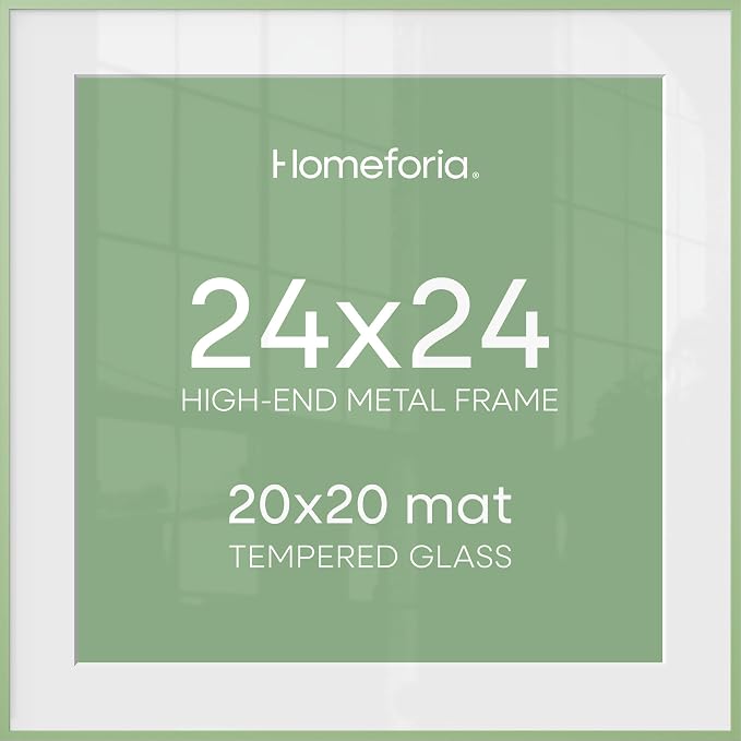 Homeforia 24x24 Picture Frame Sage Green, High End Metal 24 x 24 Large Square Poster Frames with Mat 20 by 20 inch Photo, 24by24 Thin Frames Matted to 20x20 for Art, Tempered Glass, Wall Kit, Set of 2