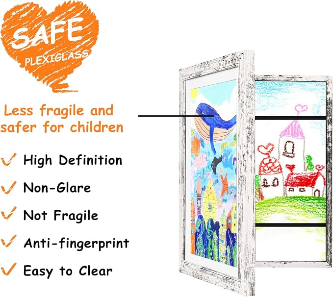 KINLINK 9x12 Kids Art Frame 2 Pack, Solid Wood Artwork Frames Changeable, Front Opening Hold 150 Pictures, Art Frames for Kids Artwork, 8.5x11 with Mat 9x12 without Mat, Picture Frames Rustic White