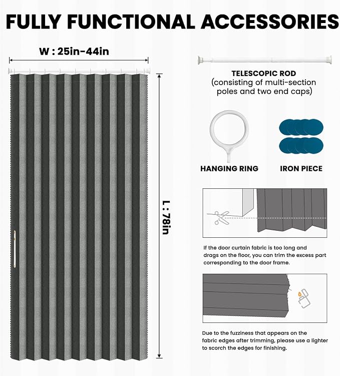 AJAZZ Blackout Accordion Door Invisible Folding Accordion Doors Interior Magnetic Door Curtain for Bedroom Living Room Doorway Curtain Sets Included Rod (1 Pack, 43W x 78 L, Dark Grey)
