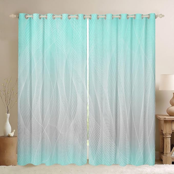 jejeloiu Teal Blue Darkening Drapes Kids Ombre Grey Strip Lines Curtains for Bedroom Living Room Gradient Style Blackout Curtains for Women Men Lightweight Abstract Window Treatments