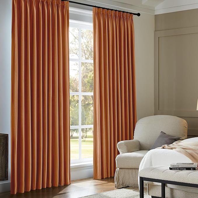 Pinch Pleated Blackout Curtains for Bedroom, Yellow Velvet Curtains for Living Room, Black Out Curtain 96 inch Long Room Darkening, Blackout Pinch Pleatd Drapes with Hooks 2 Panels
