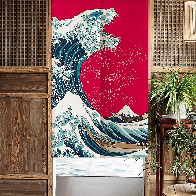 Ofat Home Great Wave Monster Noren Curtain 33.5" x 59" Japanese Style | Red ukiyo-e ocean wave with monster design, Japanese art fabric hanging curtain for doorway or home decor