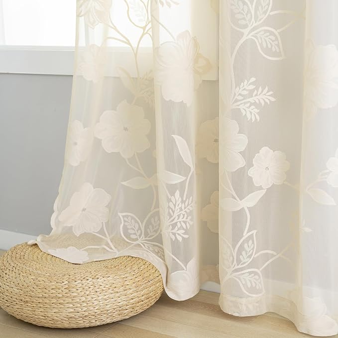 Beige Lace Sheer Curtains for Bedroom Living Room 95 Inch Length Light Filtering Leaf and Floral Knitted Semi Sheer Window Curtains Elegant French Lace Curtains Ivory, 54"w 1 Pair Rod Pocket 8ft