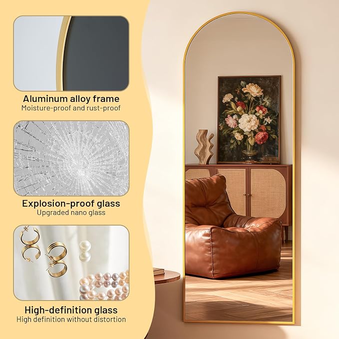 Simple Deluxe Arched Full Length Mirror, 56"×15" Large Floor Mirrors, for Wall Door Bedroom Bathroom Living Room (Gold)