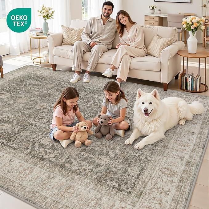 Area Rugs 9x12 Living Room: Vintage Boho Neutral Washable Rug Indoor Soft Large Area Rug Carpet for Bedroom Nursery Farmhouse Dining Room Office Floor Non-Slip Low Pile Under Table Rug Warm Taupe