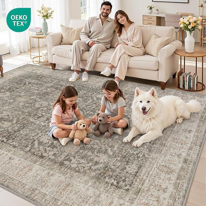 10x14 Area Rug for Living Room: Vintage Boho Neutral Washable Rug Indoor Soft Large Area Rug Carpet for Bedroom Nursery Farmhouse Dining Room Office Floor Non-Slip Low Pile Under Table Rug Warm Taupe