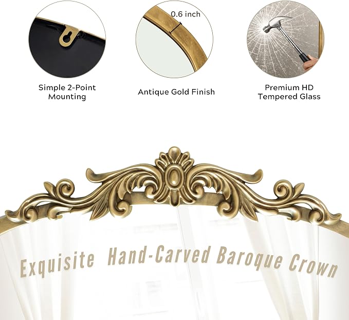 PERFNIQUE Vintage Mirror, 35" X 24" Arched Antique Baroque Wall Mirror, Gold Traditional Wall Decor, Ornate Decor Anthro Look Alike Furniture for Bathroom Living Room Fireplace Entryway Hallway