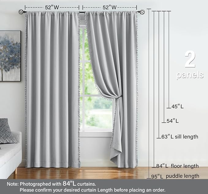 Treatmentex Pom Pom Grey Curtains for Bedroom Windows 90 inch Energy Efficient Thermal Insulated Living Room Darkening Curtain Panels Drapes Nursery Room Children 52" w x2 Panels Rod Pocket