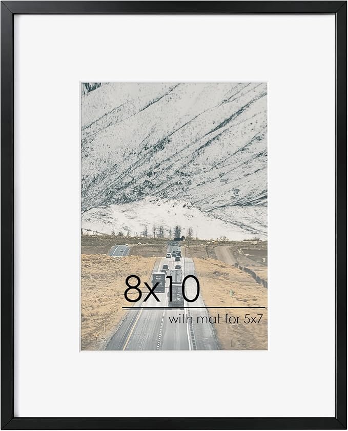 FLYJOE 8x10 Picture Frame - Metal Frame With Mat 5x7 | 8 x 10 Aluminum Photo Frame | Plexiglass And Hanging Hardware Included | Black 8x10 Picture Frame | Black