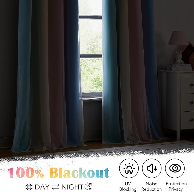 Rainbow Ombre 100% Blackout Curtains 72 Inches Long 2 Panels for Kids Bedroom Living Room Double Layer Sheer Overlay Mix & Match Grommet Thermal Insulated Soundproof Drapes with Tiebacks