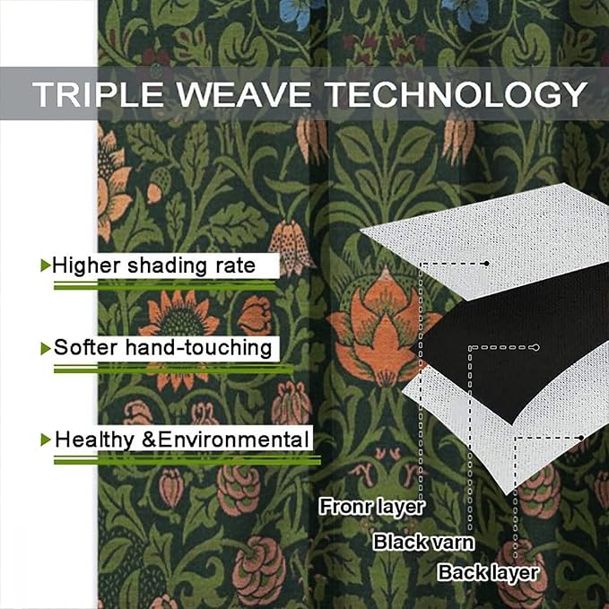 Bohemia Plant Flowers Pattern Blackout Window Curtains, William Morris Art Print Vintage Decor Curtains, for Living Room Bedroom 26(W)*84(L) 2 Panels
