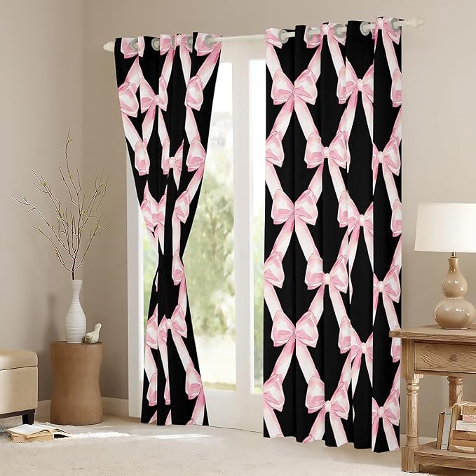 Erosebridal Pink Bow 42" Wx63 L Curtain for Girls,Ribbon Bowknot Kids Window Curtain Watercolor Geometric Bow Tie Window Treatments Black Modern Bowknot 30%-50% Blackout Curtains for Bedroom