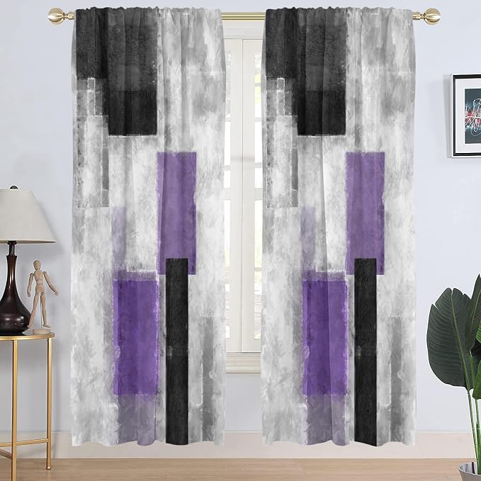 AAtter Purple Grey and Black Window Curtain Abstract Gray White Lavender Geometric Lilac Violet Silver Long Wide Living Room Bedroom Drapes Treatment Fabric 1 Pair, 52" W x 84" L, Modern