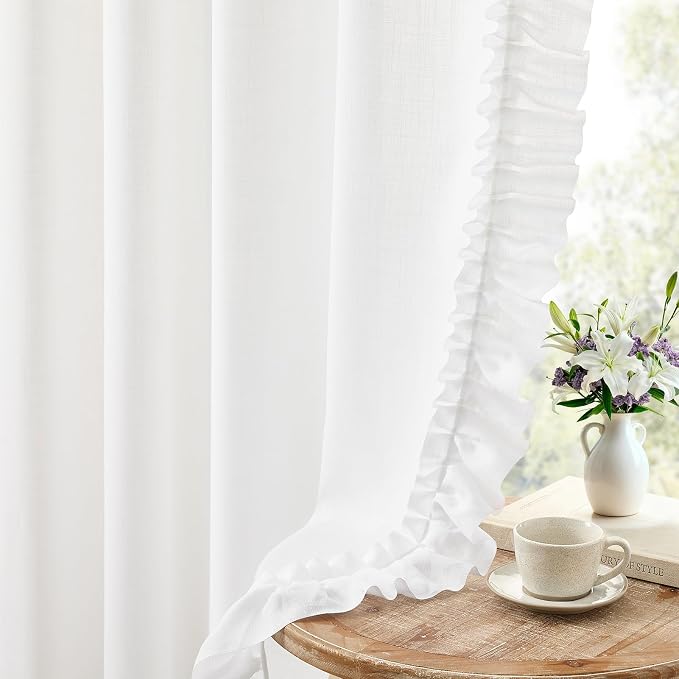 White Ruffled Curtains 72 Inch Length 2 Panels, W58 x L72 In, Linen Textured Scalloped Ruffle Curtains for Living Room Rod Pocket Privacy Light Filtering Semi-Sheer Farmhouse Flowy Boho Window Curtain