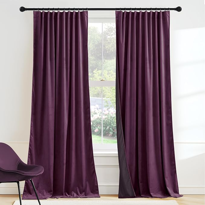 RYB HOME Purple Velvet Curtains 90 inches Long 2 Panels Set, Room Darkening Thermal Insulated Velvet Drapes with Hook Belt for Nursery Living Room Office, 52" W x L90 L