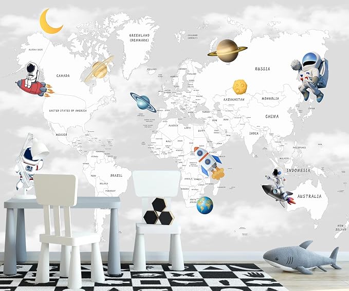 YQWDMX - Grey map Peel and Stick Wallpaper Cartoon Planet Kids wall Mural for Nursery ZY04 S