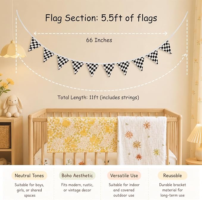 Boys Room Wall Art Decor, Black and White Checkered Garland Triangle Banners, Cars Room Decor for Toddler Nursery Playroom, Racing Flags 11Ft Bunting Flags Fabric for Boys Kids Bedroom Decor