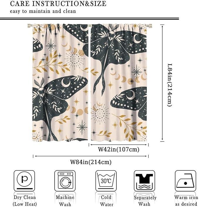Witchy Curtains, Goth Curtains, Moth Decor, Star Curtains, Moth Curtains Darkening Curtains Botanical Curtains for Bedroom Living Room W84xL84 Inch