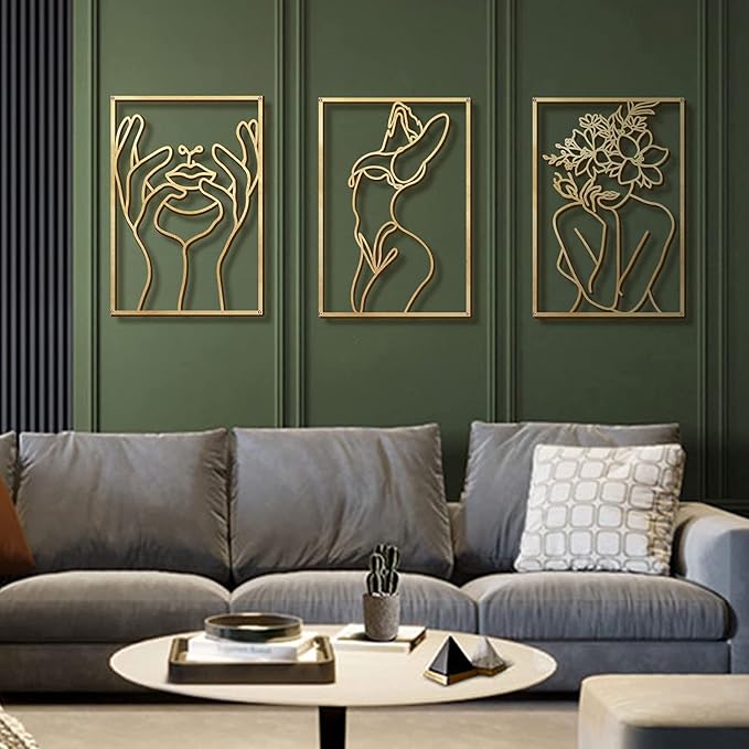 Glamativity Large 4 Pack Gold Wall Art Décor, Minimalist Décor Single Line Art Wall Décor, Real Metal Wall Art, Woman's Body Shape Abstract Wall Art (Gold Classic Style, L Size 22.5 x 15.7'')
