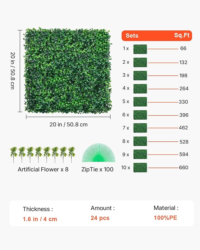 VEVOR Artificial Boxwood Panel, Green, 20x20 in, 24pcs | 1.6 in Sun Protected Boxwood Hedge Wall Panels, for Privacy Fence Decor Indoor Outdoor Garden Backyard