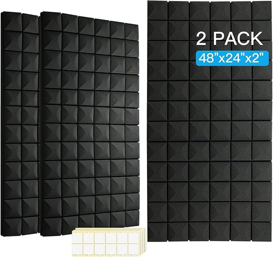 2 PCS Acoustic Panels,48''X24''X2'' Sound Proof Foam Panels for Walls,High Density Fire Resistant & Noise Absorbing for Studio, Office, Home (Black, 2 Pack)