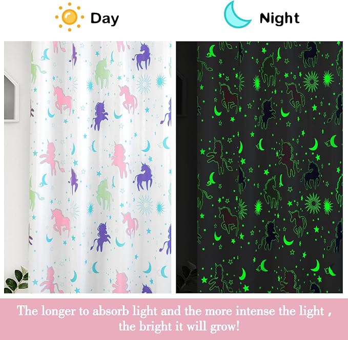 Unicorn Curtains for Girls Bedroom Decor, Glow in The Dark Pastel Princess Pink and Purple Colorful Star Room for Teen or Toddler Babys Kids Kawaii Rainbow Window Cute Classroom 2 Panels