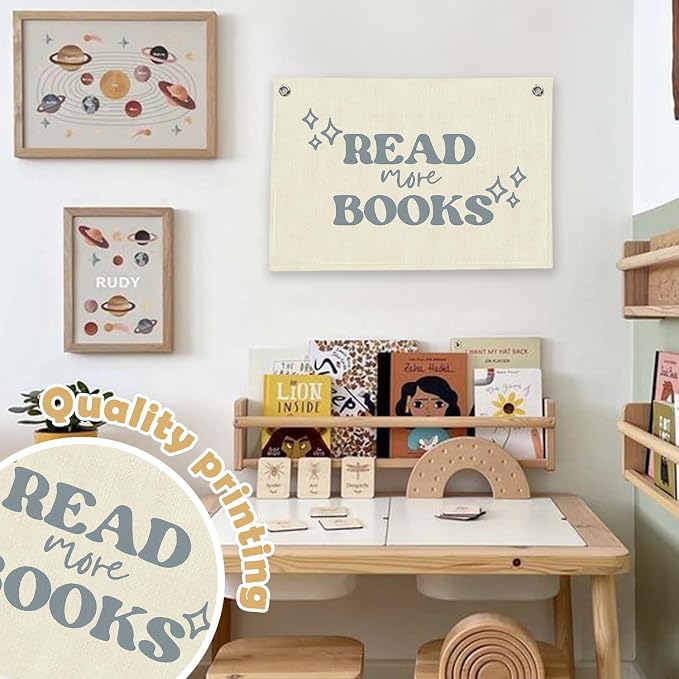 RTXLEZM Classroom Decor, Reading Corner Decor for Classroom, Read More Books Canvas Banner Wall Hanging, Trendy Retro Bookish Wall Art Prints for Library Classroom Reading Nook Corner Kids Room Decor, 20x30 Inch