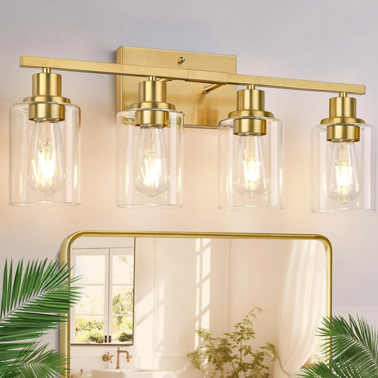 4-Light Vanity Lights with Clear Glass Shades, Brushed Gold Bathroom Light Fixtures Over Mirror, Modern Bathroom Wall Lamp for Mirror Living Room Cabinet Bedroom Porch