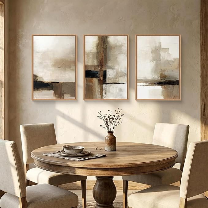 HOURIA Abstract Neutral Vintage Earth Tone Framed Canvas Wall Art Set,Modern Minimalist Rustic Brown Beige Wall Decor,Wabi Sabi Textured Brushstroke Artwork for Living Room,Bedroom,Farmhouse-24"x36"x3