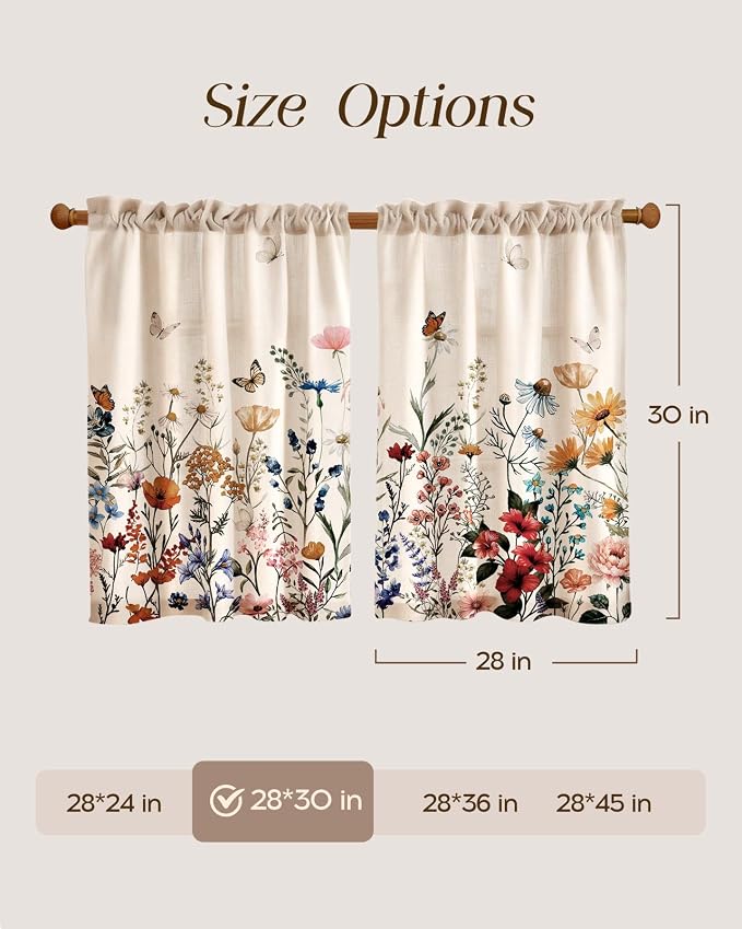 Miss Adola Floral Kitchen Tier Curtains - 30 Inch Length Linen Blend Farmhouse Cafe Curtains Vintage Small Window Treatments Over Sink Rod Pocket for Bathroom Living Room Light Filtering, 2 Panels